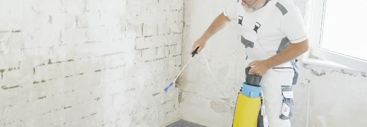 Person benutzt ein Drucksprühgerät, um eine Wand zu säubern.